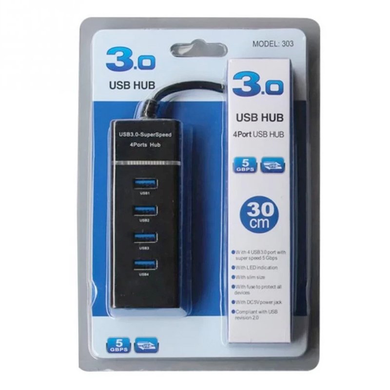 ⁦USB 3.0 Hub with 4 Ports 30cm Model 303 Black⁩ - الصورة ⁦2⁩